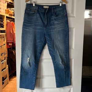 Lightly distressed Madewell high rise slim crop boyjean